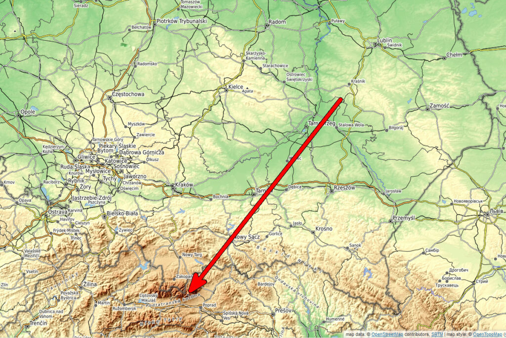 Poglądowa mapa obserwacji Tatr z Łychowa